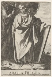Prancha 9: a Sibila Frígia segurando o topo de uma tabuinha com a mão esquerda e apontando para..., 1609.