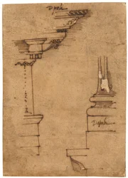 Desenho de um entablamento e da base de um pedestal (caneta e tinta castanha, sobre papel vegetal oleado)