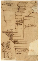 Esboços de vários elementos do Arco de Tito, Roma (caneta e tinta castanha, sobre papel vegetal oleado)