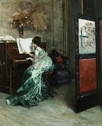 Uma senhora tocando piano no interior,