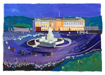 Multidões no Palácio de Buckingham, 2023 (acrílico e colagem sobre papel)