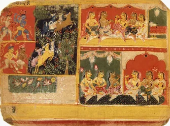 Uma ilustração para o "Bhagvata Purana", livro X, capítulo 21, c.1525