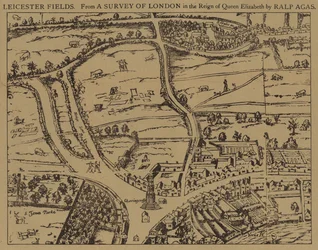 Leicester Fields, de uma pesquisa de Londres no reinado da rainha Elizabeth por Ralph Agas