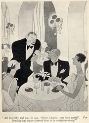 "Tudo o que Dorothy fez foi dizer: Olá Charlie, você parece horrível.", Ilustração de "But Gentlemen Marry Brunettes", de Anita Loos, publicada em 1928.