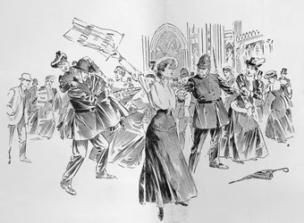 As Sufragistas Irreprimíveis Criar um Desvio no Lobby, de um artigo intitulado "A Remontagem do Parlamento", publicado em "O Gráfico", 27 de outubro de 1906