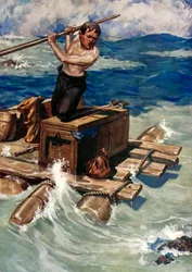 Ilustração para Robinson Crusoe por Daniel Defoe (lito a cores)