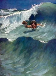 Ilustração para Robinson Crusoe por Daniel Defoe (lito a cores)
