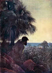 Ilustração para Robinson Crusoe por Daniel Defoe (lito a cores)