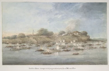 Flotilha de Lord Hastings no rio, com muitos periquitos pinnace