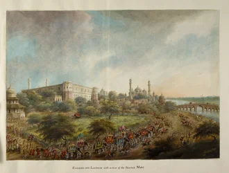Festa de Lord Hastings entrando na cidade de Lucknow nas costas de elefante, c.1814-15 (aquarela sobre papel)
