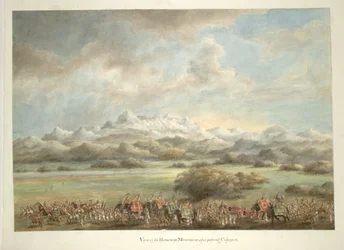 Senhor e Senhora Hastings, sobre elefantes, passando em frente dos Himalaias nar Kashipur
