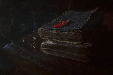 Livros antigos, flor vermelha