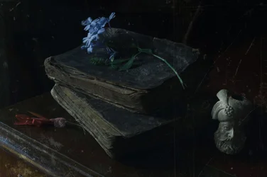 Livros antigos e flores azuis