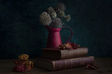 Livros de outono e jarro