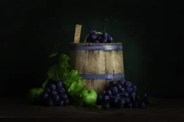 Uvas da colheita e barril