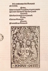 Página do códice "De Laudibus Beatissimae Virginis Mariae" de Ramon Llull (1235-1315), retratando dois leões segurando o brasão do impressor Jehan Petit