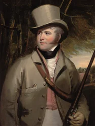 Retrato de um cavalheiro com arma esportiva em uma paisagem
