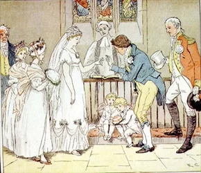 "E ela casou muito imprudentemente com o barbeiro" de "The Great Panjandrum", pub. de Frederick Warne & Co. (gravura colorida)