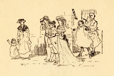 Os espectadores observam John Gilpin passar a galope, 1878, c1918.