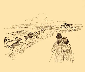 Os espectadores observam John Gilpin ser perseguido pelo campo, 1878, c1918.