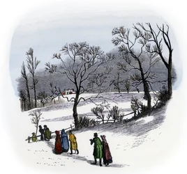 Vida quotidiana, Inglaterra: habitantes do campo vão a uma celebração de Natal, realizada numa quinta próxima. Atravessaram campos cobertos de neve por volta de 1800. Gravura a cores, baseada numa ilustração de Randolph Caldecott