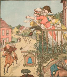John Gilpin passa a galope pelo Bell Inn enquanto sua esposa e filhos acenam da varanda, 1878, c1918.