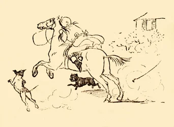 John Gilpin é perseguido por cães enquanto seu cavalo galopa fora de controle, 1878, c1918.