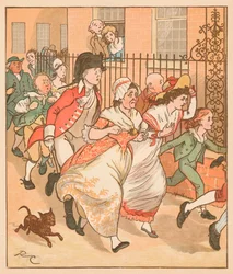 Vizinhos correndo para ajudar o bom homem de Islington, c1879.