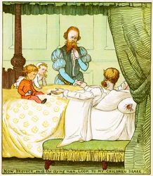 "Agora, irmão, disse o moribundo, olha para os meus filhos deus", ilustração de Babes no bosque.