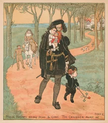 Seus pais mortos e desaparecidos, o lar de crianças que ele leva, c1878.