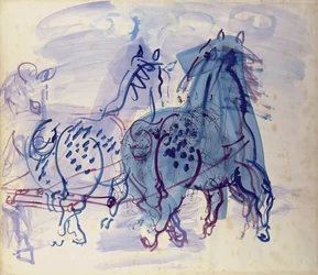 Cavalos de tração azul (guache sobre papel)