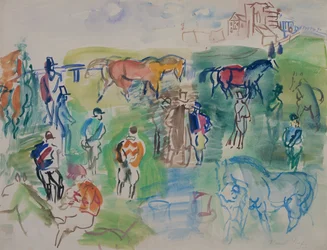 Cavalos e jóqueis em Epsom (guache sobre papel)