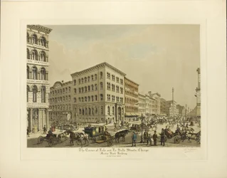 Corner of Lake and La Salle Streets, Chicago, Marine Bank Building no ano de 1864