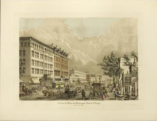 Corner of State e Washington Streets, Chicago, no ano de 1865