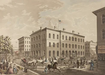 N.W. Esquina das ruas Dearborn e Monroe, Chicago, mostrando o prédio dos correios no ano de 1865