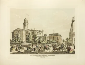 N. W. Corner de LaSalle e Randolph, Chicago, mostrando a Court House Square no ano de 1864