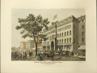 Washington Street entre State e Dearborn, Chicago, mostrando a Opera House de Crosby no ano de 1864