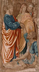 Tapeçaria flamenga. Actos da Série dos Apóstolos. O milagre do homem coxo (El milagro del paralítico). A terceira tapeçaria da série. Desenho animado modelo de Rafael Sanzio. 1519. Fabrico Jan Raes II, Bruxelas. Ca1605-1629. Seda de tecido e lã. Tamanho 52
