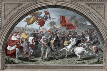 Representação do Papa Leão I disse o Grande (390-461) contra o líder dos hunos Átila (ca. 395-453) em 452 em Mântua - Invasões Bárbaras - (Papa Leão I o grande encontro com o rei Huno Átila em 452) (depois de Rafael)