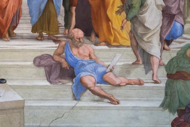 Diógenes de Sinope: detalhe da Escola de Atenas na Stanza della Segnatura