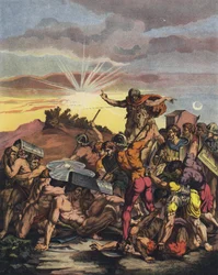 Josué ordenando ao Sol para ficar parado na Batalha de Gibeon durante a conquista de Canaã pelos israelitas (cor litho)