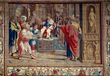 Vida do apóstolo Pedro e Paulo: "o castigo de Barjesu (Eliseu) mago judeu que se opunha a Paulo e era temporariamente cego" A cena se passa diante do procônsul romano Lucius Sergius Paulus e São Barnabé. Você pode ver a inscrição i