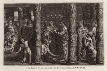 Desenho animado do Raphael: O coxo curado por Pedro e João, Atos, Cap III (gravura)