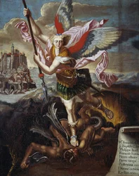 São Miguel e o Diabo, de Raphael Sanzio, ex-voz de seis peregrinos em peregrinação ao Monte Saint-Michel