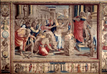 O sacrifício em Listra - Vida dos apóstolos Pedro e Paulo: São Paulo rejeitando as honras divinas, depois de ter guerreado um inválido, os habitantes tomam-no por um deus e querem fazer sacrifícios - Tapeçaria d