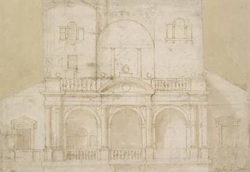 Projeto arquitetônico (Villa Madama) (caneta e tinta marrom com lavagem marrom em papel esbranquiçado)
