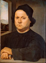 Retrato do pintor Pietro Perugino (ca. 1448-1523) disse a Pintura Perugin de Raphael (Raffaello Sanzio 1483 - 1520)