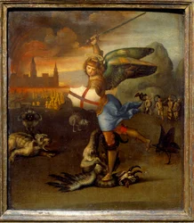 São Miguel e o Dragão c.1505 Rafael (1483-1520/Italiano) Óleo sobre Painel de Madeira - "Saint Michel terrassant the dragon" Pintura de Raffaello Sanzio (Raphael) (1483-1520) 1505 Sol. 0,29x0,25 m