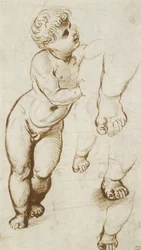 O Cristo Infante e outros Estudos (caneta e tinta marrom escuro sobre indicações preliminares em ponto de chumbo, em papel branco)