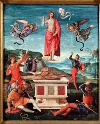 A Ressurreição (A Ressurreição de Cristo). Jesus Cristo segura uma cruz de haste, em cuja extremidade flutua uma bandeira branca com uma cruz vermelha. 1501-1502. Dimensões 52x44 cm. São Paulo, Museu de Arte